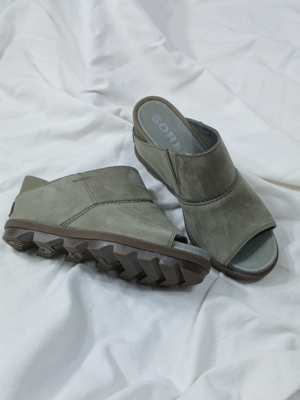 Sorel NEW WOMENS Olive Green Open-Toe Slip-On Wedge LEATHER Mules